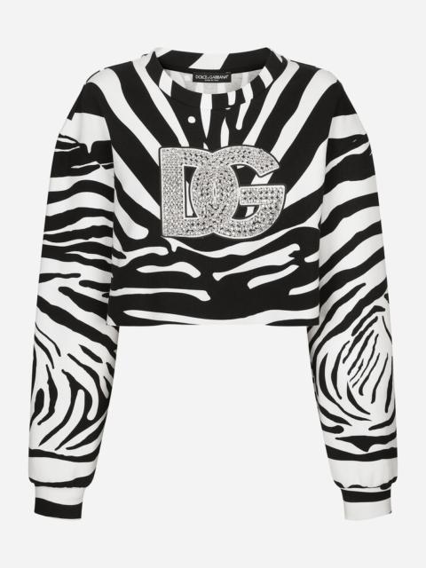 Zebra-print interlock sweatshirt with crystal-embellished DG logo
