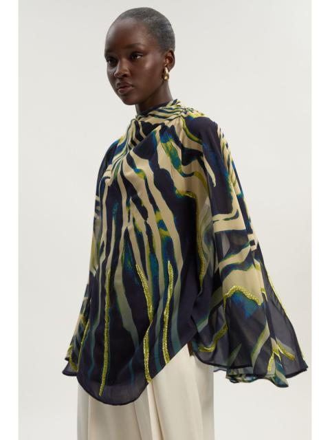 KAREN MILLEN Animal Print Georgette Embellished Woven High Neck Cape Blouse