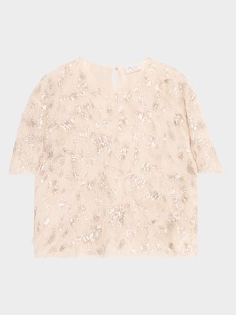 Brunello Cucinelli Animalier Sequined Fringe Silk Short-Sleeve Top