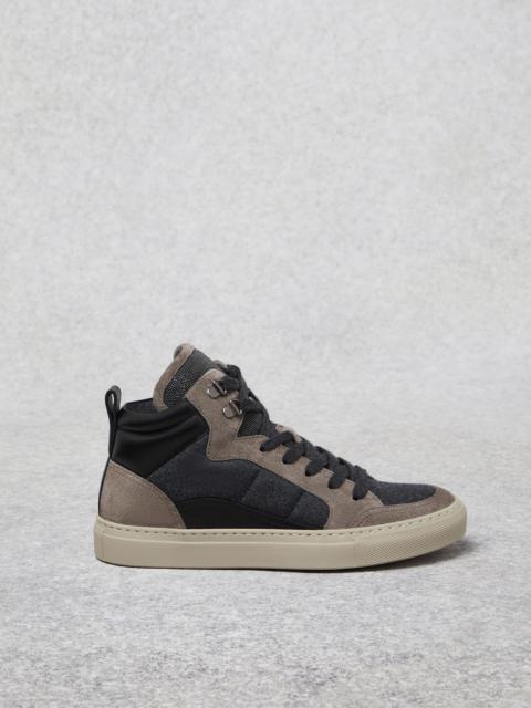 Suede and virgin wool flannel high-top sneakers with precious tongue