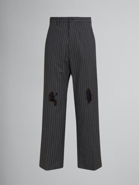 BLACK PINSTRIPE WOOL TROUSERS WITH MARNI MENDING PATCHES