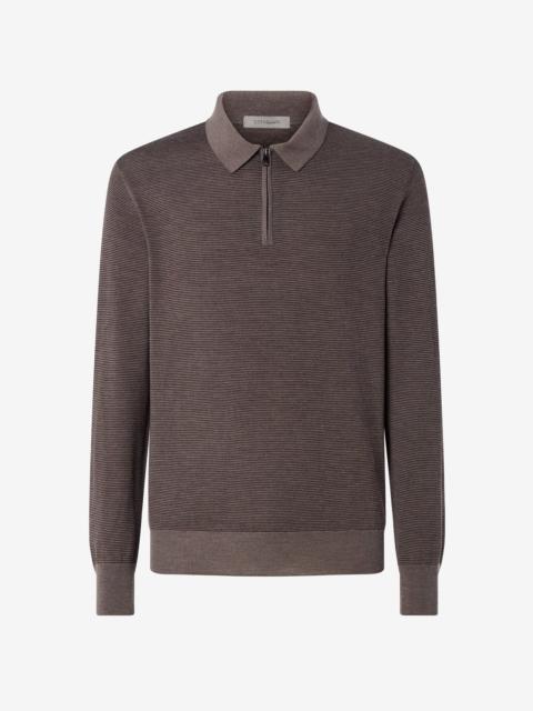 CORNELIANI Striped long-sleeved zip-up polo shirt made from pure extra fine wool in two tones of brown