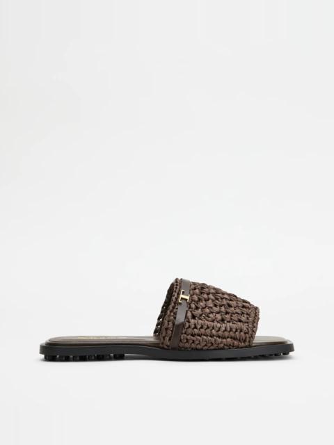 Tod's SANDALS IN RAFFIA AND LEATHER - BROWN