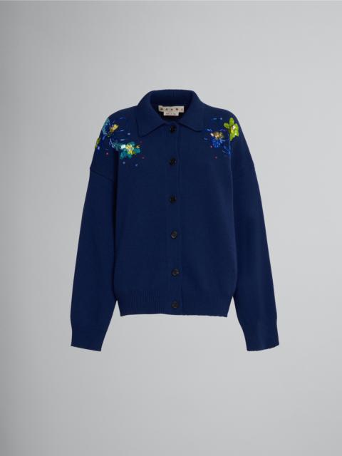 Marni BLUE WOOL CARDIGAN WITH EMBROIDERY