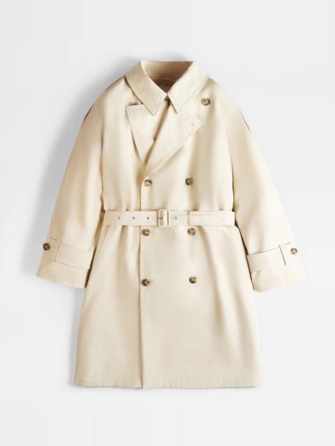 Tod's TRENCH COAT WITH LEATHER DETAILING - WHITE