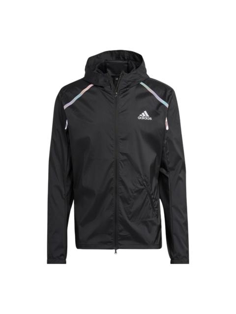 Men's adidas Solid Color Logo Printing Sports Hooded Long Sleeves Jacket Black HK5637