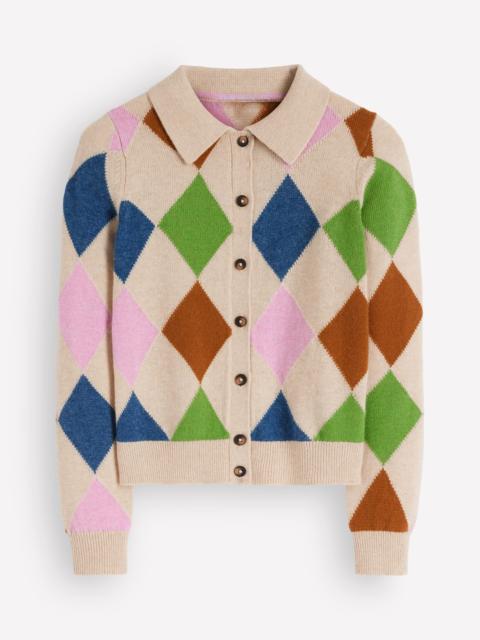 BODEN Ariadne Wool Blend Cardigan-Oatmeal Melange, Multi Argyle