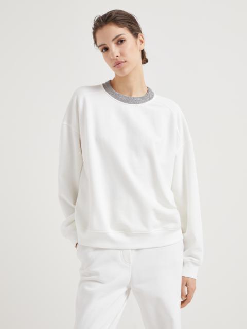 Cotton smooth French terry sweatshirt with precious ribbed collar