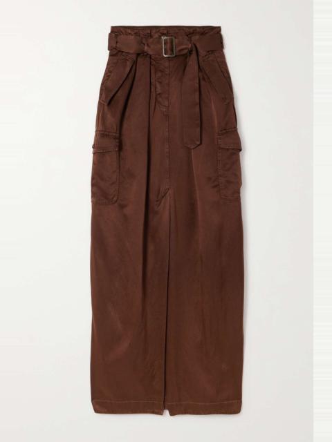 Belted satin-twill maxi skirt