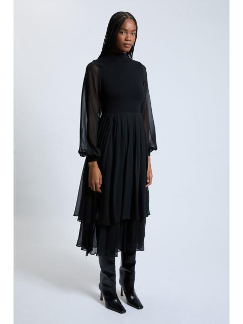 KAREN MILLEN Long Sleeve Georgette Pleated Knitted Midi Dress