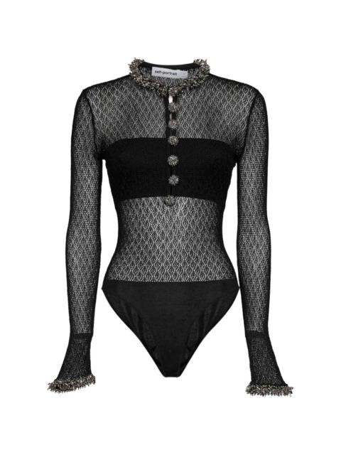 self-portrait embellished open-knit bodysuit