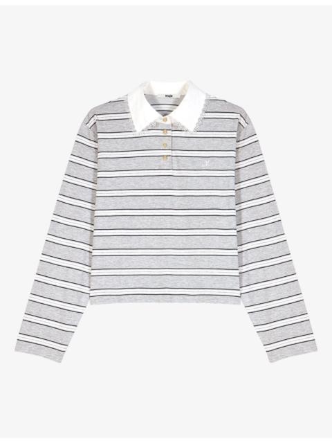maje Lace-Trim Striped Cotton-Blend Polo Shirt