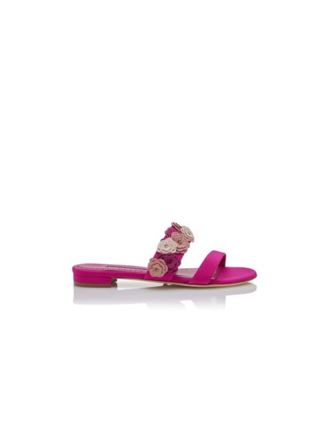 Manolo Blahnik Pink Silk Floral Detail Flat Sandals