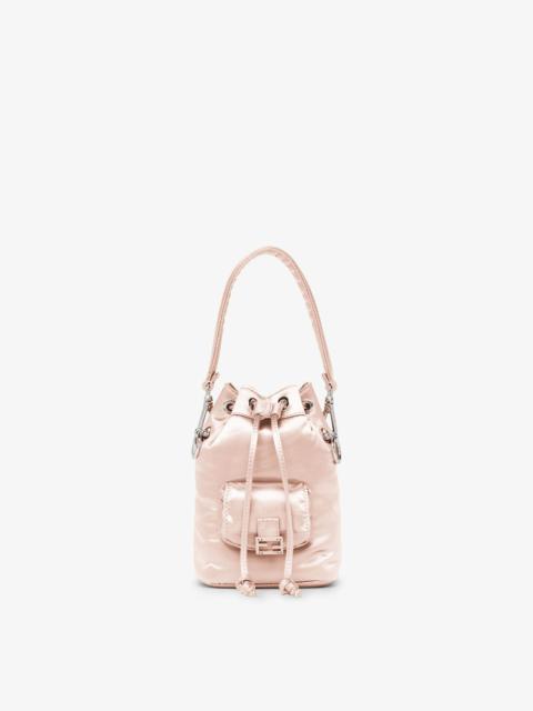 Small Mon Tresor bucket bag made of pink recycled nylon, with Baguette pocket closed with FF buckle.