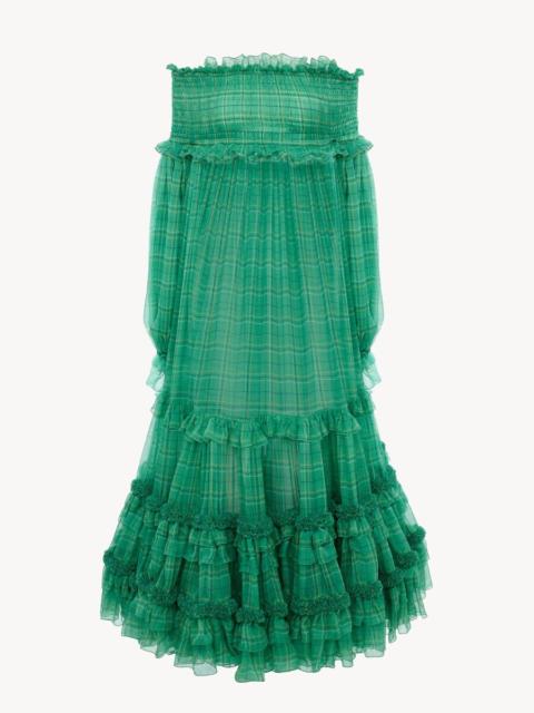 Chloé OFF-THE-SHOULDER LONG DRESS IN CHECK SILK MOUSSELINE