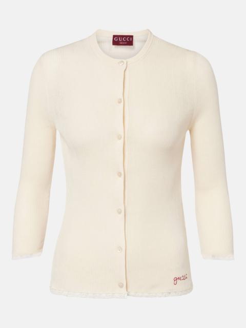 GUCCI Lace-trimmed ribbed-knit cotton cardigan