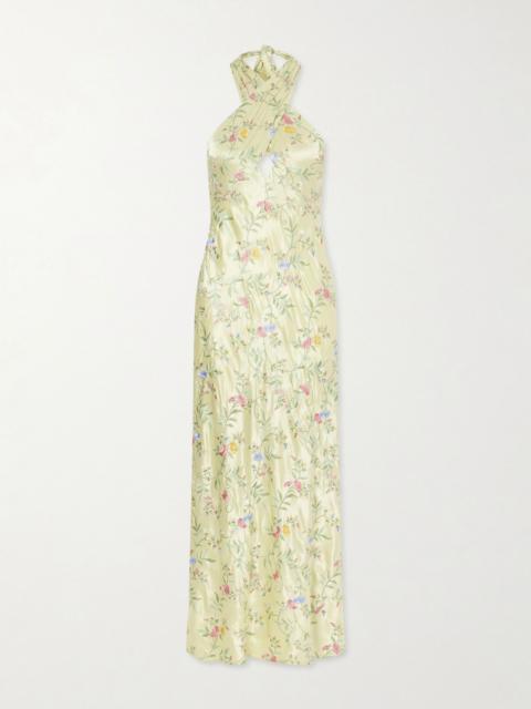 RIXO Dune floral-embroidered satin maxi dress Green