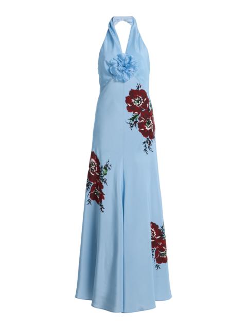 RODARTE Exclusive Floral Silk-Crepe Maxi Halter Dress blue