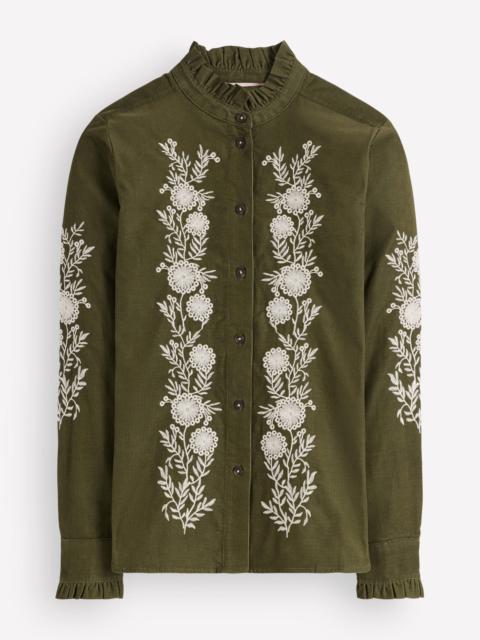 BODEN Sienna Frill Cord Shirt-Woodland Green, Embroidered