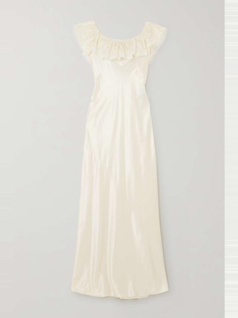 SAINT LAURENT Off-the-shoulder lace-trimmed silk maxi dress