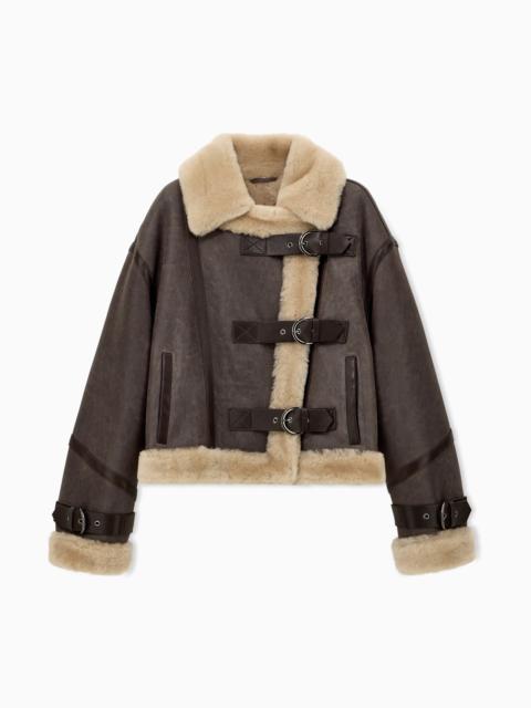 EMPORIO ARMANI LEATHER BLOUSON WITH A SHEARLING COLLAR AND BUCKLE STRAPS