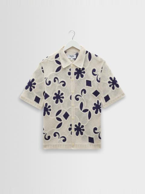 Wax London Porto - Ecru And Navy Doodle Crochet Knitted Shirt