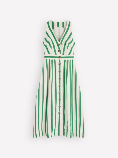 BODEN Catherine Button Linen Dress-Ivory and Green Satin Stripe