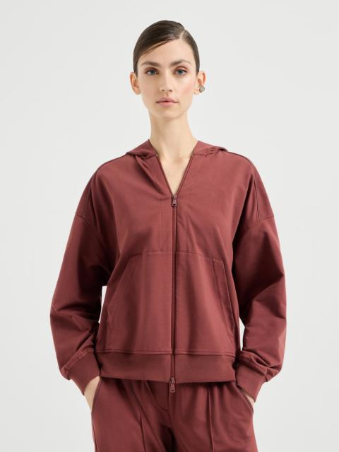 Brunello Cucinelli Stretch cotton lightweight French terry hooded sweatshirt with zipper and shiny trims