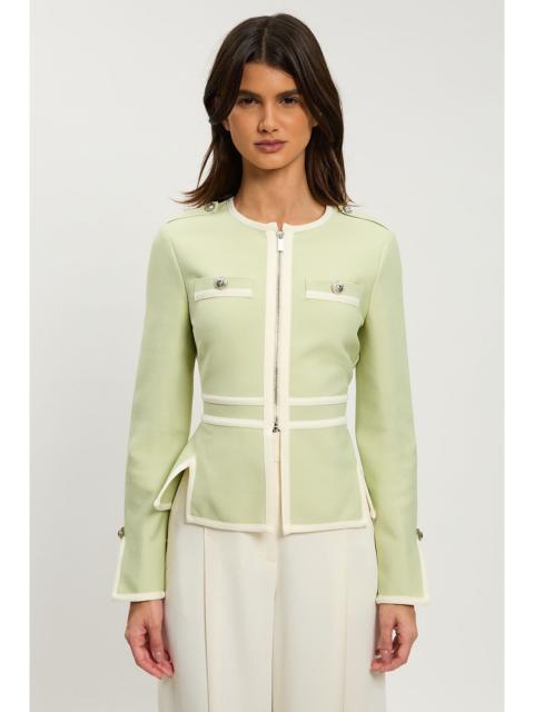KAREN MILLEN Petite Figure Form Bandage Military Contrast Piping Knit Split Hem Jacket
