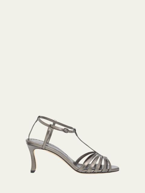 Manolo Blahnik 90mm Fulconpla Metallic Leather Caged Sandals