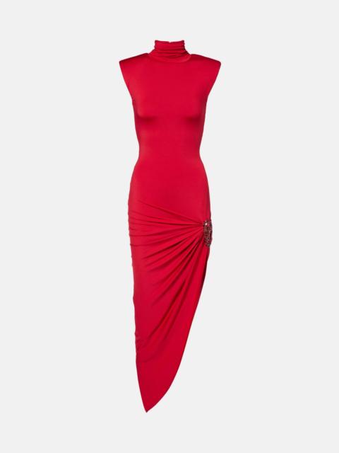 AREA Asymmetric embellished midi dress