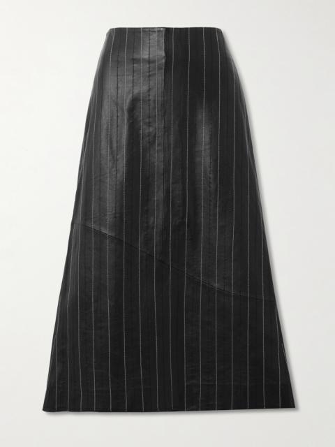 Victoria Beckham Paneled Embroidered Pinstriped Leather Midi Skirt