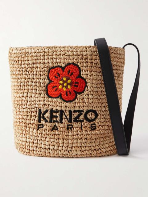 KENZO Large Embroidered Leather-Trimmed Raffia Messenger Bag