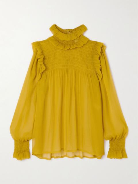 SAINT LAURENT Smocked ruffled silk-crepon blouse Yellow