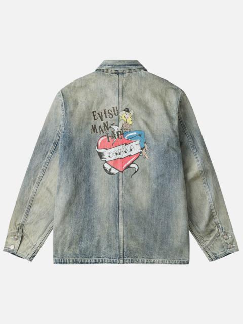 EVISU Heart Cowgirl Print Vintage Washed Denim Chore Jacket