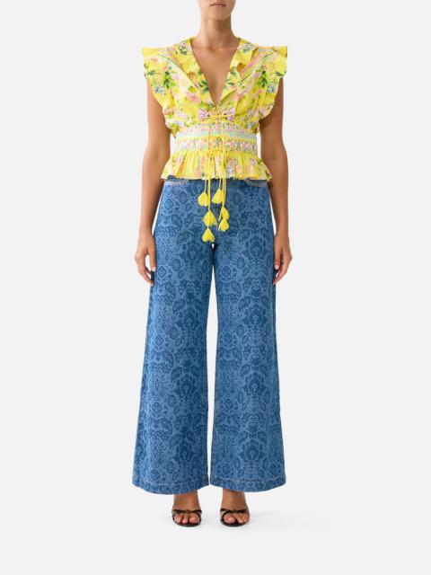 CAMILLA TIE FRONT TOP WITH RUFFLES