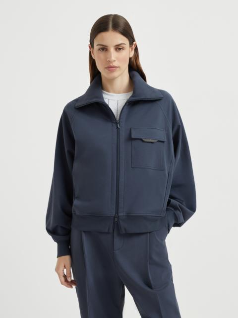 Brunello Cucinelli Stretch cotton lightweight French terry sweatshirt with zip and shiny flap detail