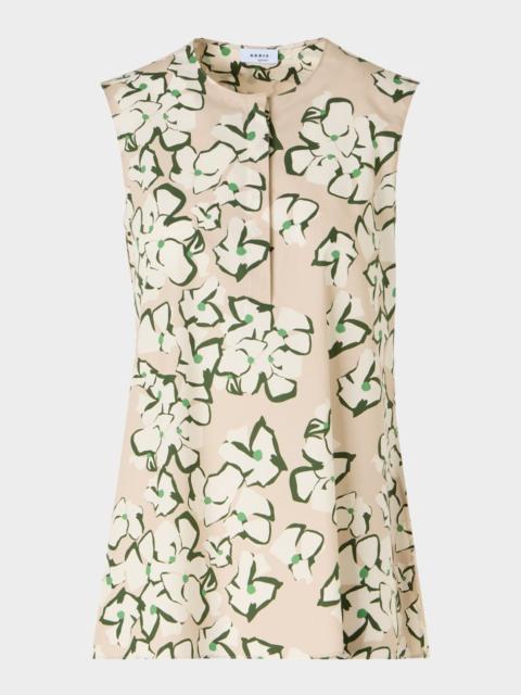 AKRIS Papercut Flower Print Cotton Poplin Sleeveless Tunic Blouse