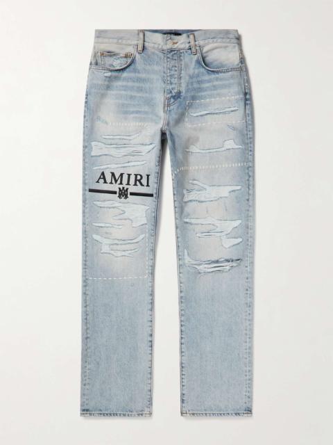 Straight-Leg Logo-Embroidered Distressed Jeans