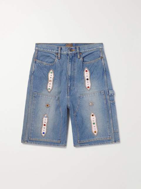 Kapital Straight-Leg Leather-Trimmed Embellished Denim Shorts