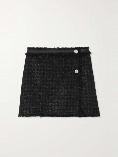 Frayed metallic wool-blend tweed mini wrap skirt