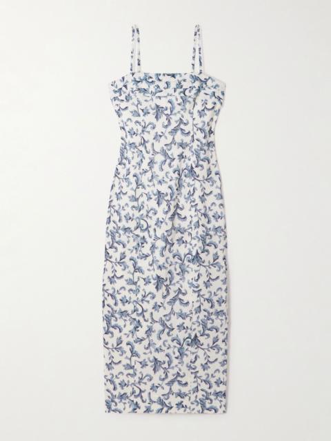 POSSE Rue pleated printed linen and silk-blend midi dress Blue