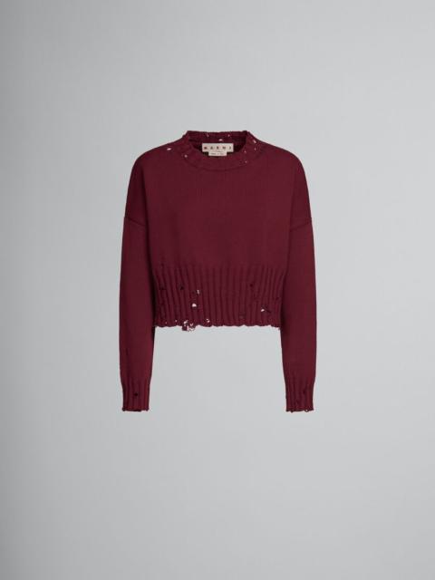 RUBY RED COTTON SWEATER WITH DISTRESSED TRIMS