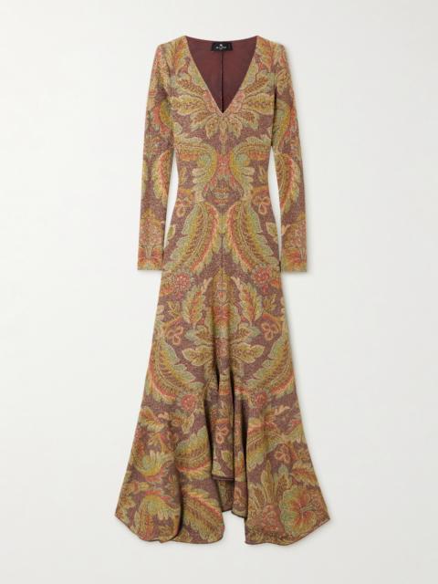 Etro Asymmetric Paisley-print Metallic Cloqué Midi Dress