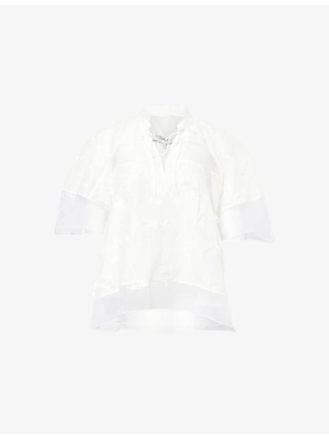 Flounce Short-Sleeve Organza-Trim Cotton Top