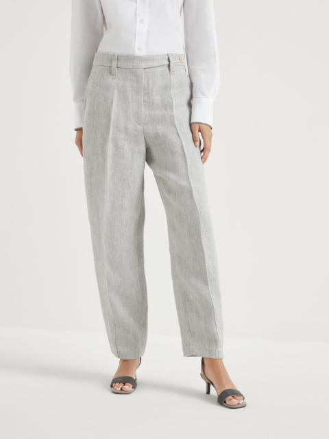 Brunello Cucinelli Irish linen chevron curved trousers