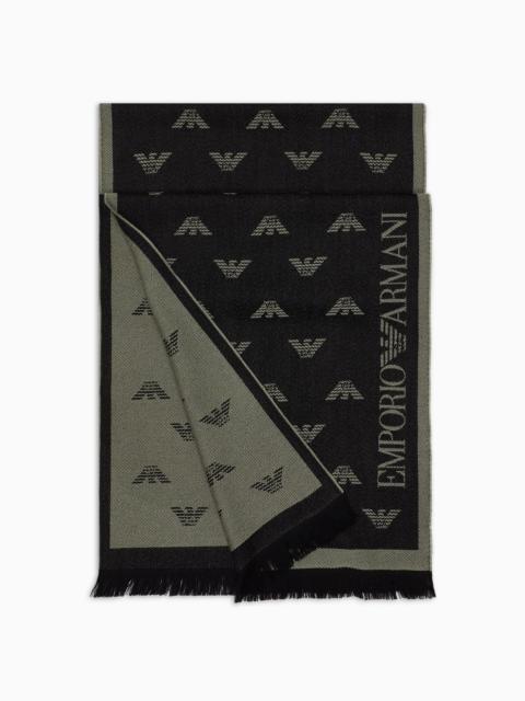 Wool scarf with all-over jacquard eagle