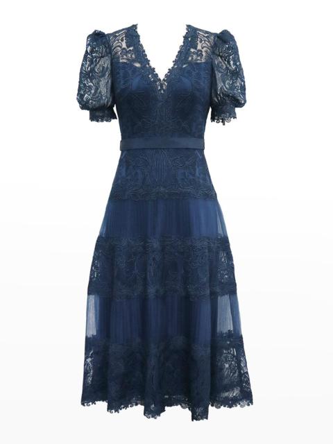 TADASHI SHOJI V-Neck Short-Sleeve Lace Tiered Midi Dress