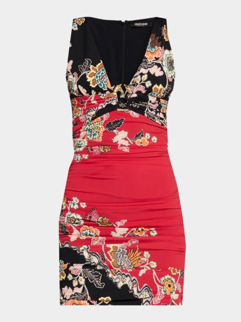 Roberto Cavalli Ruched Sleeveless Floral Mini Dress