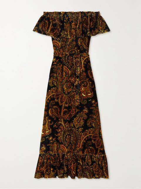 Etro Off-the-shoulder belted paisley-print velvet maxi dress Black